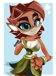 activision big_breasts blue_background breasts brown_fur brown_hair calypsoboymurz cleavage elora faun faun_(spyro) female female_focus female_only furry girl green_eyes leaf_dress spyro_reignited_trilogy spyro_the_dragon white_border