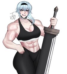 absurdres alternate_muscle_size artist_name black_hairband black_headband black_leggings black_sports_bra blue_hair breasts cleavage eula_(genshin_impact) female genshin_impact greatsword hairband hand_on_own_hip headband highres holding holding_weapon jso large_breasts leggings looking_at_viewer medium_hair muscular muscular_female navel open_mouth shiny_skin simple_background solo solo_female sports_bra sportswear sweat sword teeth thick_thighs thighs tongue weapon white_background yellow_eyes