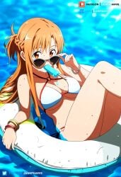 ai_generated big_breasts bikini blonde_hair brown_eyes curvy curvy_figure female float floating juanpi_amvs long_hair patreon patreon_username sea sunglasses sunglasses_on_head sword_art_online water watermark yuuki_asuna