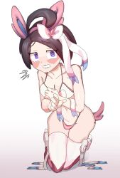 allister_(pokemon) black_hair bra breasts cosplay game_freak nintendo onion_(pokemon) panties pokemon pokemon_(cosplay) pokemon_ss purple_eyes rule_63 solo sylveon sylveon_(cosplay) tagme