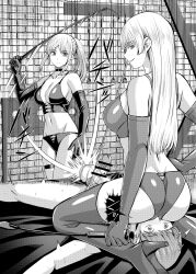 1boy 2girls absurdres bikini black_gloves bondage bondage_outfit bound censored character_request commission elbow_gloves female femdom gloves greyscale high_heels highres holding holding_whip indoors long_hair lying male monochrome multiple_girls original penis pixiv_commission ponytail sitting_on_face smile swimsuit whip whipping yamakeitokokoro