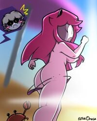 1boy 1girls ass back_view beach black_eyes blush breasts couple crab crab_stealing_clothing deltarune estudiomega female friday_night_funkin grey_hair jevil_(deltarune) legs long_hair long_hair_female male no_clothes on_beach pink_body pink_hair sarvente_(dokki.doodlez) ship short_hair_male surprised_expression walking