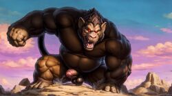 ai_generated anthro ape balls big_penis big_trapezius broad_shoulders brown_body brown_fur fangs fist foreskin fur genitals glowing glowing_eyes gorilla hand_on_ground haplorhine kneeling landscape landscape_dwarfing macro male mammal monkey_tail musclegut no_pupils no_sclera on_one_knee oozaru open_mouth partially_retracted_foreskin penis prick_ears primate red_eyes solo sunset teeth thick_arms thick_penis thick_thighs tongue zeid_(director)