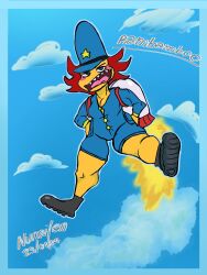 1girls annoyed female female_only police police_hat police_uniform policewoman red_hair rocket thighs tongue yellow_body