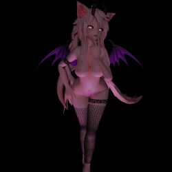 3d 3d_(artwork) animal_ears areolae big_breasts black_background black_sclera blender blender_(software) breasts cat_ears cat_tail catgirl cunnilingus_gesture demon_girl erect_nipples female fishnet_legwear fishnet_thighhighs fishnets horns leaning_forward licking_finger licking_fingers light-skinned_female light_skin nipples nude nude_female pink_eyes pink_hair public_nudity smug smug_face solo solo_female solo_focus succubus thick_thighs thighhighs vannoker vrchat wings