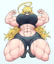 big_ass big_breasts big_dom_small_sub black_pants black_sports_bra blue_eyes extreme_muscles flexing_both_biceps looking_at_viewer muscular_female sheepapp sophie_(sheepapp) yellow_hair