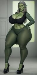 ai_generated borednlonely butterface curvy green_skin high_heels large_breasts mature_female thick_legs thick_thighs ugly_female ugly_woman wide_hips witch