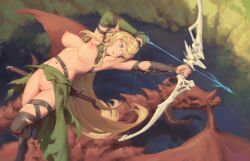 arrow_(projectile) bigrbear black_thighhighs blonde_hair blue_eyes bow_(weapon) breasts chinese_clothes cleft_of_venus commentary dragon elbow_gloves elf female gloves green_gloves highres large_breasts long_hair navel nipples original pointy_ears single_glove single_thighhigh thighhighs weapon