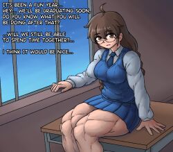 brown_eyes brown_hair glasses looking_at_viewer muscular_female night school_uniform sheepapp sitting_on_table small_breasts smiling text tight_clothing window