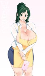 1girls apron big_breasts boku_no_hero_academia breasts female green_eyes green_hair inko_midoriya letter light-skinned_female light_skin looking_at_viewer midoriya_inko milf my_hero_academia no_bra ponytail sexynomicon shirt skirt smiling smiling_at_viewer smooth_skin sxynmcn tied_hair white_background yellow_apron