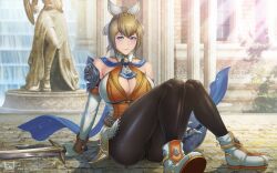 1girls big_breasts blonde_hair blue_eyes cassandra_alexandra cleavage clothed female pantyhose project_soul silf sitting skirt soul_calibur soul_calibur_ii soul_calibur_iii soul_calibur_vi tomo_(artist)