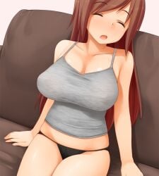 1girls black_panties blush breasts brown_hair camisole cleavage closed_eyes couch crop_top female kaisen_chuui large_breasts lingerie_only long_hair open_mouth original panties shirt simple_background sleeping sofa tank_top taut_clothes taut_shirt