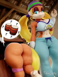 2girls 3d 3d_(artwork) anthro ape artist_name ass bent_over big_ass blonde_hair blue_eyes bottomless_female bubble_butt clothing crop_top dat_ass dixie_kong donkey_kong_(series) earrings fat_ass female female_only hoop_earrings huge_ass huge_breasts large_ass large_breasts looking_at_ass pants primate tahlian thick_ass thick_thighs tiny_kong wide_hips