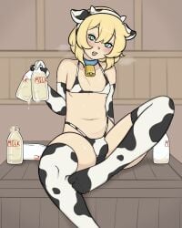 1boy androgynous bell bell_collar bikini blonde_hair blue_eyes blush bottle bridget bulge bulge_through_clothing collar cosplay cow_ears cow_girl cow_horns cow_print cow_print_bikini cow_print_legwear cowbell crossdressing cum cum_drip cum_dripping cute_girl elbow_gloves farm feet femboy gloves guilty_gear guilty_gear_strive heart-shaped_pupils looking_at_viewer male male_only milk milk_bottle milking otoko_no_ko ranch socks solo stariiomega steam steamy_breath sweat teenager thighhighs trap