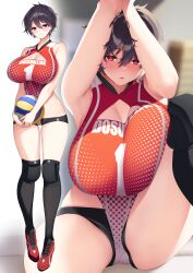 1girls absurd_res armpits arms_up ball bangs bare_arms black_hair blurry blurry_background blush breasts cleavage closed_mouth clothing curvaceous curvy_female eyebrows_visible_through_hair female footwear full_body gigantic_breasts hair_between_eyes hamada_pochiwo hi_res holding holding_ball holding_object knee_pads kneehighs large_breasts legwear leotard light-skinned light-skinned_female looking_at_viewer open_mouth original parted_lips red_eyes red_footwear shiny shiny_skin shoes short_hair short_shorts shorts sneakers sportswear spread_legs standing stockings sweat thighhighs thighs volleyball volleyball_uniform voluptuous