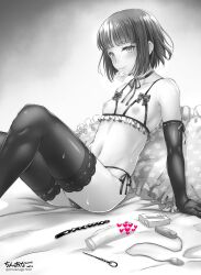 1boy arm_support artist_name bangs bed_sheet blunt_bangs blush bra bulge censored chinanago7010 choker collarbone commentary condom condom_in_mouth cupless_bra dildo elbow_gloves eyebrows_visible_through_hair eyelashes feet_out_of_frame femboy frilled_bra frills girly gloves greyscale heart heart_censor highres knees_up lace-trimmed_legwear lace_trim leaning_back legs lingerie looking_at_viewer male male_focus male_only medium_hair monochrome mouth_hold navel original otoko_no_ko pillow puffy_chest puffy_nipples ribbon sex_toy sidelocks solo stomach sweat sweatdrop thighhighs trap twitter_username underwear vibrator