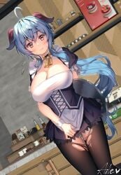 1girls aile_(crossroads) big_breasts blue_hair blush breasts cleavage clothing cowbell cute female female_only ganyu_(genshin_impact) genshin_impact goat_horns large_breasts looking_at_viewer maid maid_uniform nervous pantyhose sweatdrop torn_pantyhose waitress