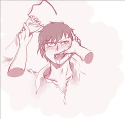 ao_no_exorcist blush dominant_pov drool drooling glasses mole monochrome okumura_yukio pinned pinned_arms pinned_down pov softcore solo_male submissive_male yukio_okumura