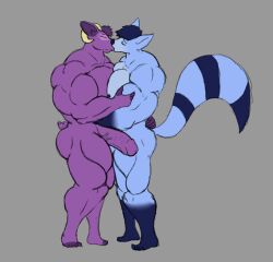 anthro biceps big_penis blugloo closed_eyes duo erection genitals huge_cock humanoid_genitalia humanoid_penis kissing male male/male muscular muscular_anthro muscular_male nipples nude pecs penis rem_(ram) simple_background thesquarestart