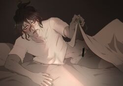 1boy alternate_costume bar_censor blanket blush dark_hair demon_boy demon_slayer emaciated embarrassed facial_markings female_pov female_self_insert gyutaro hair_between_eyes hip_bones kimetsu_no_yaiba looking_away male male_only mummi_milkers on_bed on_side penis restricted_palette sharp_teeth shy solo sweatdrop t-shirt thin_waist underwear y/n