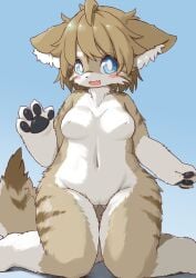 2022 4_fingers ahoge anthro blue_eyes blush breasts brown_body brown_fur brown_hair claws cute_fangs female finger_claws fingers fluffy fur furry furry_only genitals gesture gloves_(marking) hair hi_res inner_ear_fluff kemono kneeling koorinezumi leg_markings looking_at_viewer mammal markings multicolored_body multicolored_fur multicolored_tail navel nipples nude open_mouth pawpads paws pussy short_hair socks_(marking) solo species_request tail tan_body tan_fur tongue tuft unknown_species waving white_body white_fur