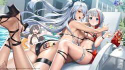 3girls admiral_graf_spee_(azur_lane) ass ass_focus ass_tattoo azur_lane bare_arms bare_back bare_midriff bare_shoulders bikini black_footwear black_hair blue_eyes cleavage cuboon deutschland_(azur_lane) female female_focus female_only flowing_hair hair_ribbon heels holding holding_drink holding_object hug large_breasts looking_at_viewer looking_back midriff mole_on_breast navel open_clothes open_mouth orange_eyes pool prinz_eugen_(azur_lane) sandals sideboob skimpy_bikini tagme tan_body tattoo tattoo_on_butt thick_thighs thigh_strap underboob water wet white_hair