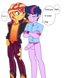 blush dusk_shine_(mlp) gay penis penis_out png semi-erect showing_off sundown_glare_(mlp) text text_bubble transparent_background veiny_penis winking winking_at_partner yaoi