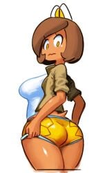 1girls ass big_ass brown_hair clothed clothing female koopa koopa_girl looking_back mario_(series) minus8 short_brown_hair short_hair solo super_mario_world tagme white_background yellow_bottomwear