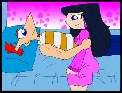 1boy 1girls bed black_hair blue_eyes clothing comic cute female ferozyraptor heart isabella_garcia-shapiro lying lying_on_back lying_on_bed male phineas_and_ferb phineas_flynn red_hair sitting_on_bed