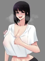 1girls big_breasts black_hair blush breasts breasts_visible_through_clothing breath cleavage clothed clothing curvy exposed_stomach grey_background guabeyo looking_at_another looking_at_viewer medium_hair misaki_nagatoro navel nipples_bulge nipples_visible_through_clothing no_bra nyabeyo open_mouth please_don't_bully_me,_nagatoro revealing_clothes simple_background smile solo solo_female steam sweat watermark wide_hips