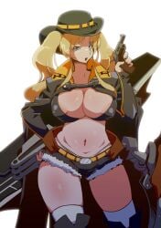 areola_slip areolae azur_lane bangs bikini bikini_top_only black_bikini black_cloak black_footwear black_headwear black_shorts black_sleeves blonde_hair blue_eyes boots breasts byeontae_pikachu cleavage cloak covered_nipples cowboy_hat cowboy_shot cutoffs detached_sleeves eyebrows_visible_through_hair female finger_on_trigger flight_deck groin gun hand_on_hip handgun hat highleg highleg_bikini highres holding holding_gun holding_weapon hornet_(azur_lane) large_breasts long_hair looking_at_viewer micro_shorts midriff navel open_mouth pistol revolver rigging short_shorts shorts sidelocks simple_background skindentation solo standing swimsuit thigh_boots thighhighs twintails very_long_hair weapon white_background white_legwear yellow_belt