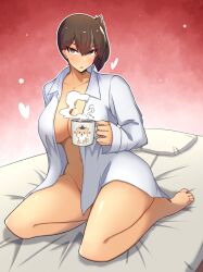 absurdres breasts brown_eyes brown_hair collarbone collared_shirt cup female highres holding holding_cup kaga_(kantai_collection) kantai_collection large_breasts long_hair long_sleeves mug naked_shirt open_clothes open_shirt osora_(judithandlilith) shirt short_sidetail side_ponytail sitting solo white_shirt