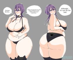 1girls artist_name ass back_view bare_thighs bernadetta_von_varley black_panties bluueygooey bra breasts choker chubby cleavage english_text fat_ass female female_only fire_emblem fire_emblem:_three_houses grey_background grin huge_ass huge_breasts looking_at_viewer looking_back nintendo overweight overweight_female panties post-timeskip purple_eyes purple_hair short_hair showing_off showing_off_ass sideboob smile solo text thick_thighs thighhighs thighs underwear weight_gain