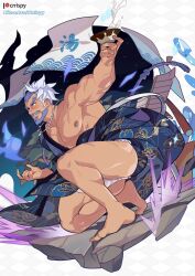 1boy 1male bara beard biceps bodybuilder bulge calves crrispy crrispy_shark daddy dilf facial_hair feet fundoshi male_only mature_male muscular muscular_male mustache nipple_piercing pecs quads sake scars thick_legs thick_thighs thong tipsy uncle vyron_(world_flipper) world_flipper zaddy