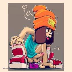 absurd_res anthro bodily_fluids canid canine canis clothed clothing cum dildo domestic_dog floppy_ears footwear genital_fluids hat headgear headwear hi_res humanoid_genitalia male mammal open_mouth parappa parappa_the_rapper sex_toy shoes socks solo sony_corporation sony_interactive_entertainment teeth video_games