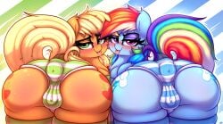 2022 absurd_res anthro applejack_(mlp) ass blush bodily_fluids clothing cutie_mark digital_media_(artwork) duo earth_pony equid equine female friendship_is_magic green_eyes hair hasbro heavymetalbronyyeah hi_res horse looking_at_viewer looking_back mammal multicolored_tail my_little_pony pony rainbow_dash_(mlp) rainbow_tail saliva saliva_string smooth_skin tongue tongue_out