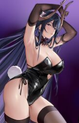 1girls armpits arms_up blush breasts bunny_tail bunnysuit cleavage clothing curvaceous curvy curvy_female genshin_impact heart hi_res kikimi large_breasts leotard looking_at_viewer milf mole mole_under_eye playboy_bunny purple_eyes purple_hair raiden_shogun raiden_shogun_(magatsu_mitake_narukami_no_mikoto) thick_thighs thighhighs