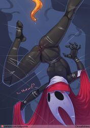 1girls athletic_female black_body chrysalisdraws hollow_knight hornet_(hollow_knight) insect insect_girl mask spread_legs tastynoods tentacle tied tied_up