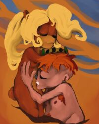 1boy 1girls anthro blonde_hair buckteeth coco_bandicoot crash_(series) crash_bandicoot_(series) cuddling doctor_n._gin female fur furry human human_on_anthro long_hair male nipples nude orange_hair straight