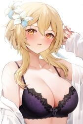 big_breasts blonde_hair blush bra breasts busty cleavage female female_only genshin_impact hi_res human karacak looking_at_viewer lumine_(genshin_impact) purple_bra seductive seductive_look yellow_eyes