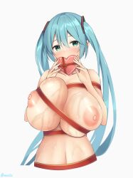 1girls alternate_breast_size areolae bangs blue_eyes blue_hair blush box breast_squeeze breasts cropped_torso female female_only hatsune_miku heart-shaped_box highres holding holding_box huge_breasts kokonoe_misui_(msi12c/misui_md) light-skinned_female light_skin long_hair looking_at_viewer navel nipples nude red_ribbon restrained ribbon simple_background solo twintails twitter_username upper_body vocaloid white_background