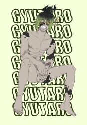 black_hair body_markings completely_nude demon_boy demon_slayer erection facial_markings full_body geiijst green_hair grey_skin grin gyutaro kimetsu_no_yaiba male male_only nude penis ribs sharp_teeth smile solo spread_legs two_tone_hair uncensored yellow_sclera