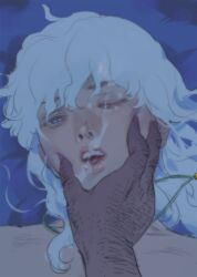 2boys androgynous arm_hair berserk cum emg_(christain) facial femboy griffith hand_on_another's_face multiple_boys nude one_eye_closed open_mouth pov white_hair yaoi