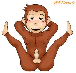 anthro anus balls blush curious_george curious_george_(character) fur genitals haplorhine male mammal monkey muscular penis primate solo solo_male transparent_background