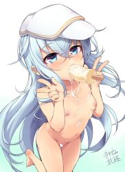 bangs blush breasts censored cheese_(cheese_koubou) crossed_bangs double_w female flat_cap food gradient gradient_background hair_between_eyes hat heart heart_censor hibiki_(kantai_collection) highres kantai_collection long_hair long_sleeves looking_at_viewer nipples nude pleated_skirt popsicle popsicle_in_mouth sexually_suggestive signature silver_hair simple_background skirt small_breasts solo verniy_(kantai_collection) very_long_hair w white_headwear