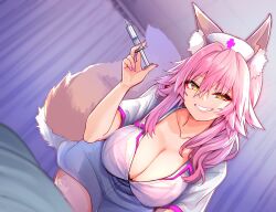 1girls busty cleavage clothing fate/extra fate_(series) female fox fox_ears fox_girl fox_tail hi_res injection looking_at_viewer nurse nurse_cap nurse_uniform pink_hair smile tamamo_no_mae_(fate) wisespeak