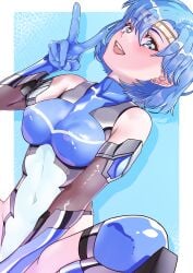 absurdres ami_mizuno arion_canvas bishoujo_senshi_sailor_moon blue_eyes blue_gemstone blue_hair breasts circlet clothing covered_nipples female gem highleg highleg_leotard highres leotard lips sailor_mercury short_hair small_breasts smile solo spread_legs squatting stockings swept_bangs taimanin_(series) taimanin_suit v