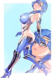 absurdres ami_mizuno arion_canvas armpits bishoujo_senshi_sailor_moon blue_eyes blue_gemstone blue_hair bodysuit breasts circlet clothing elbow_gloves female gem gloves high_collar high_heel_boots high_heels highres large_breasts lips medium_breasts sailor_mercury short_hair skin_tight solo stockings swept_bangs taimanin_(series) taimanin_suit thick_thighs thighhighs thighs