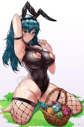 1girls :p alternate_costume animal_ears areolae arm_behind_head armband armpits bare_shoulders bare_thighs barefoot basket blue_eyes blue_hair breasts bunny_ears bunny_girl bunnysuit byleth_(fire_emblem) byleth_(fire_emblem)_(female) cleavage closed_mouth collarbone commentary_request covered_nipples curled_fingers easter easter_egg egg eyebrows_visible_through_hair fake_animal_ears fake_tail female female_only fire_emblem fire_emblem:_three_houses fishnet_legwear fishnets full_body grass grey_eyes hair_between_eyes heart heart_cutout highleg highleg_leotard highres kneeling large_breasts leotard licking_lips long_hair looking_at_viewer nintendo nipple_cutout nipples no_bra outdoors playboy_bunny polka_dot presenting_armpit rabbit_tail seiza shadow sign sign_around_neck simple_background sitting skin_tight sleeveless smile solo split_mouth spread_legs striped t3x tail teal_hair thick_thighs thighhighs thighs tongue tongue_out wedgie white_background