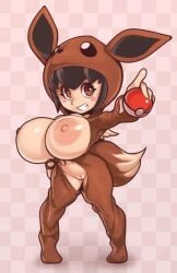 1girls big_breasts black_hair breasts brown_hair cleft_of_venus creatures_(company) eevee_(cosplay) female game_freak generation_8_pokemon huge_breasts mystical naughty_face nintendo nipples npc_trainer plantpenetrator poke_ball poke_kid_(pokemon) pokemon pokemon_(game) pussy simple_background standing young